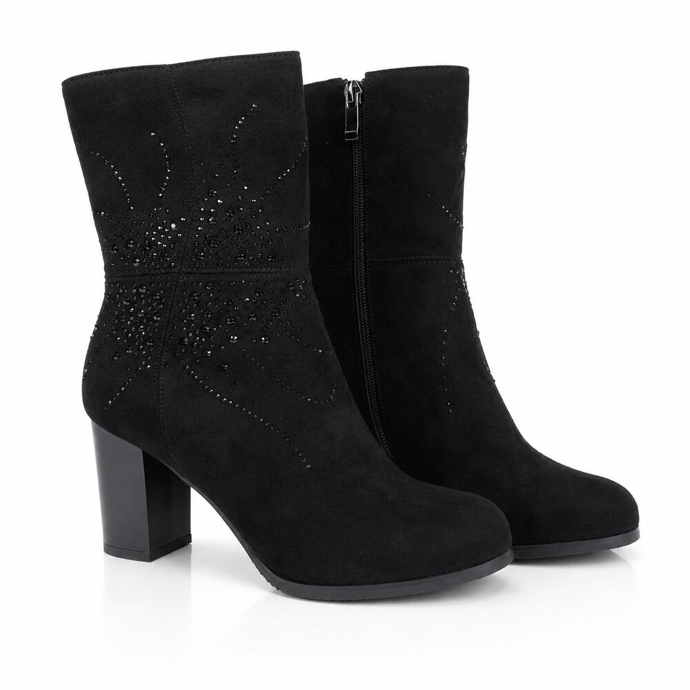 Patrizia Vegan Black Suede Rhinestone Embellished Boots 39 8.5 Glam Y2K